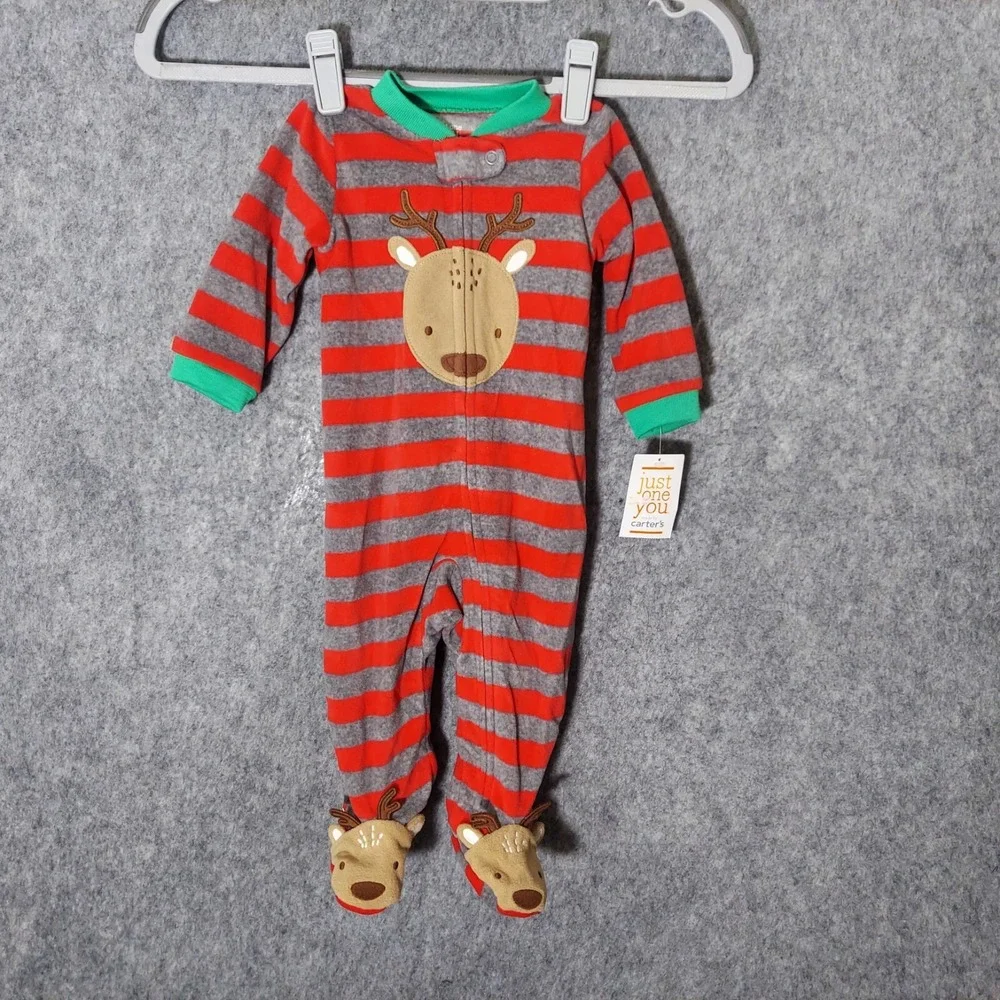 Carters One Piece 3M Christmas Embroidery Reindeer Footie Blanket Sleeper Stripe